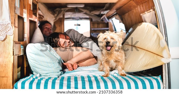 Hippie couple with cute pet traveling together on\
vintage retro campervan - Wanderlust and life inspiration concept\
with hippie lovers on mini van adventure journey on the road -\
Bright warm filter