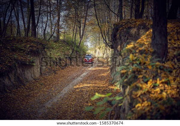 Hippie\
van in the autumn gorge - Warsaw Poland\
10.12.2019
