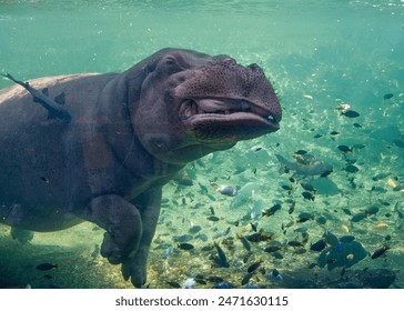 Hippopotamus in the aquarium walking on the bottom of the aquarium - Powered by Shutterstock