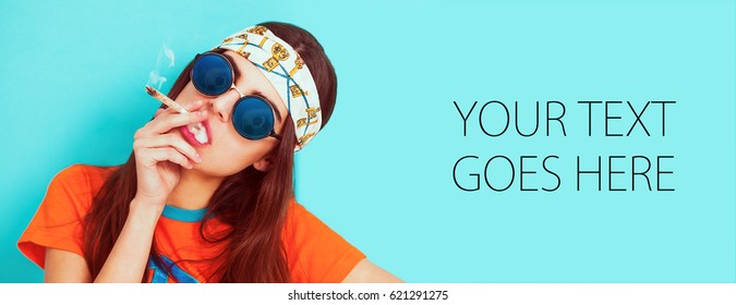 Hippy Girl Portrait Smoking Weed And Wearing Sunglasses, Card