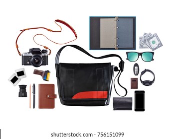hipster bag and accessories, wallet, vintage camera, smart phone, sunglasses, Watch, car key, business card Cases isolated on white background