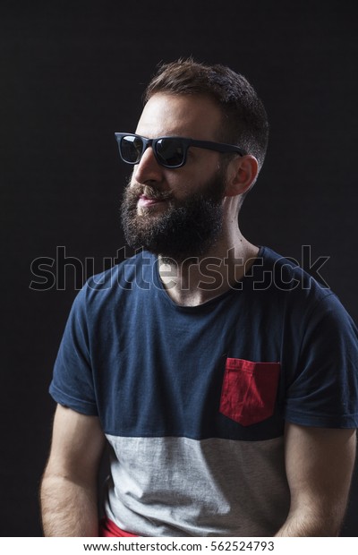 Hipster Bearded Man Wearing Sunglasses Indoors Stock Photo