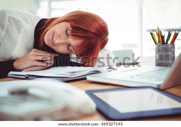 Hipster Businesswoman Falling Sleep Her Desk Stock Photo Edit Now