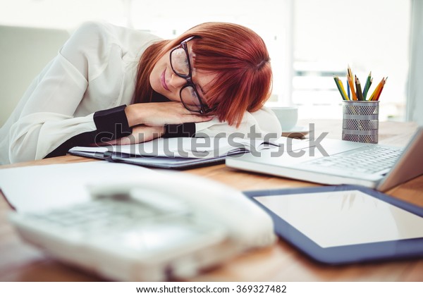 Hipster Businesswoman Falling Sleep Her Desk Stock Photo Edit Now