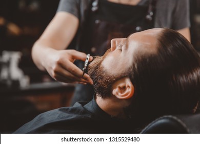 Hipster Client Man Visiting In Barber Shop Shaving Beard Scissors