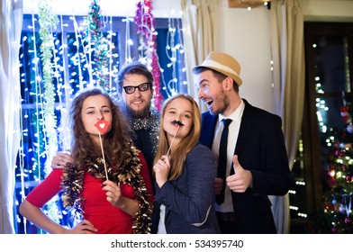 Hipster Friends Celebrating New Years Eve Together, Photobooth P