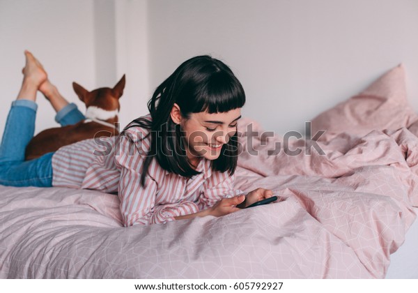 Hipster Girl Lounging Bed Coffee Stock Image Download Now