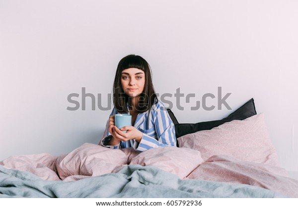 Hipster Girl Lounging Bed Coffee Stock Photo Edit Now