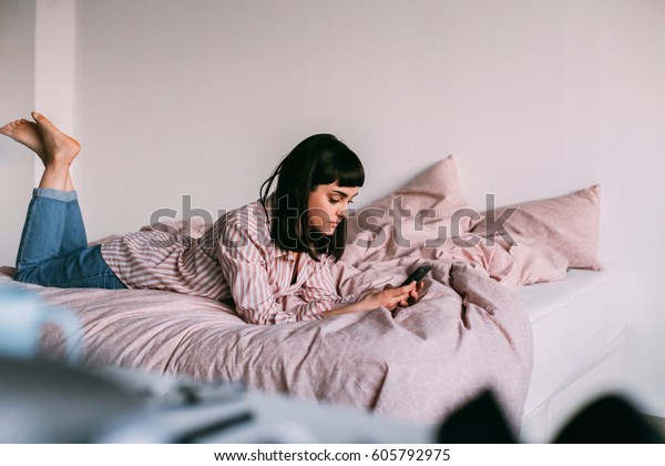 Hipster Girl Lounging Bed Coffee Stock Photo Edit Now