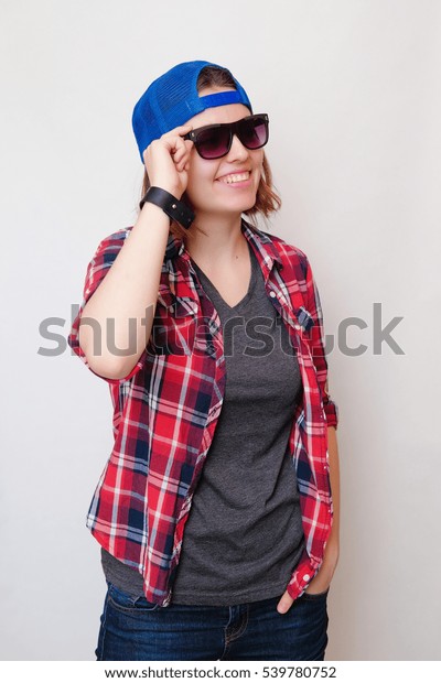 Hipster Girl Short Hair Red Plaid Stock Photo Edit Now 539780752