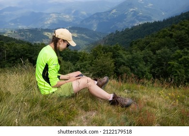 Hipster Girl Standing On Rock Cliff Breathtaking View Using Smartphone With Good Connection Keep In Touch On Solo Hiking,woman Wanderlust Explore Wild Nature With Mobile Network Coverage In Mountains