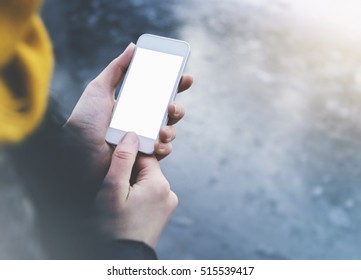 Hipster Girl Texting Message On Smartphone Mobile In Winter Nature, View Tourist Hands Using Gadget Phone On Background Blue Ice And Freeze; Finger Touch Screen Blank Cellphone Mockup, Templates 