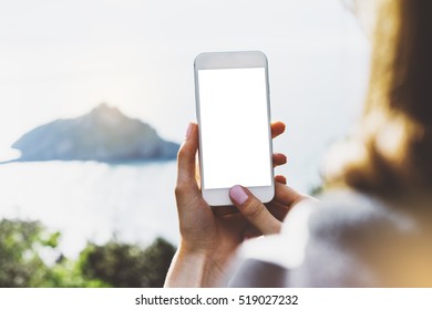 Hipster Girl Texting Message On Smartphone Mobile Closeup, View Tourist Hands Using Phone In Travel On Background Mountains And Sky Landscape; Finger Touch Screen Cellphone Mockup Nature, Templates