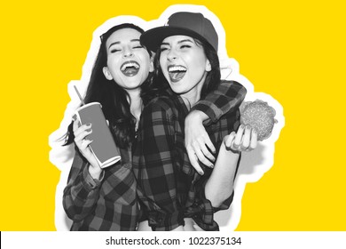 Hipster Girls With Vegetarian Burger Drinking A Cocktail From Straw And Having Fun, Happy, Smile And Laugh On The White Background.