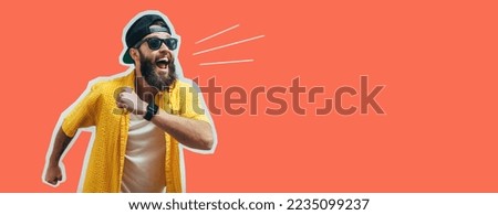 Hipster guy with a beard actively running on a colored isolated background. Crazy emotions. Collage in magazine style with happy emotions. Discount, sale, season sales.