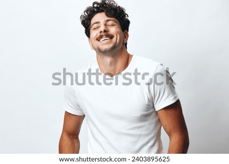 Hipster man guy background white smile lifestyle isolated portrait fashion confident black t-shirt