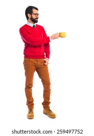 Hipster Man Holding A Cup Of Coffee 