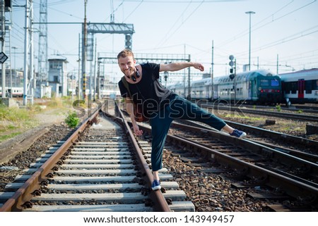 Similar – man traveling in train carriage