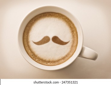 hipster mustache drawing on latte art coffee cup