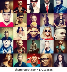 Hipster people concept. Collage (mosaic) of fashionable men, women with stylish accessories, glasses, healthy and unhealthy food & drinks, wearing trendy clothes. Close up. Studio shot