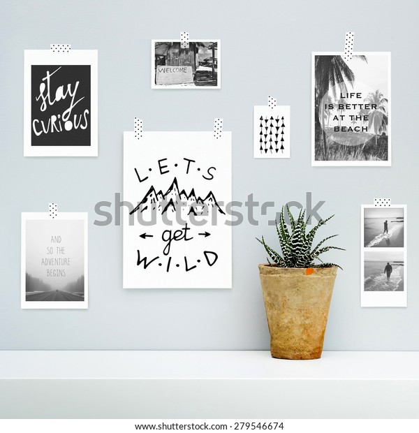 Hipster scandinavian interior design.  Summer, vocation,\
adventure, journey mood board  with hanging on the gray wall with\
potted flower. 