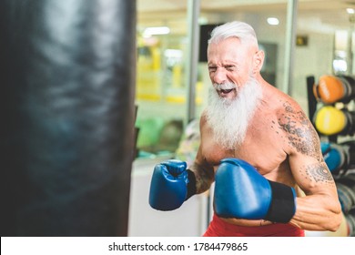 Hipster senior man boxing inside training fitness gym club - Mature fit boxer doing workout session - Sport, self defense and healthy lifestyle concept - Focus on nose - Powered by Shutterstock