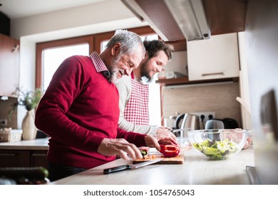 Hipster Son With His Senior Father Cooking In The Kitchen.