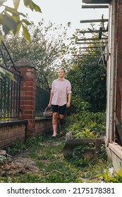 Hipster Trendy Millennial Woman In Pink Rubber Boots Holding Basket Of Red Ripe Tomato At Vegetable Garden Greenhouse. Fall Summer Harvest Season. Agriculture Eco Friendly Natural Organic Food Produce