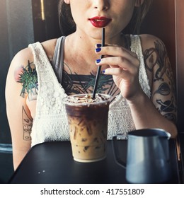 Hipster Woman Drinking Iced Coffee Concept