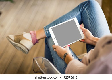 Hipster Woman Hands Holding Digital Tablet With Empty Blank Screen For Your Text Message, Business Person Browsing Internet Or Connecting To Wireless Via Touchscreen Pad 