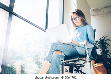 Hipster Woman Use Laptop Huge Loft Studio.Student Researching Process Work.Young Business Team Working Creative Startup Modern Office.Analyze Market Stock,new Strategy.Blurred,film Effect.Horizontal