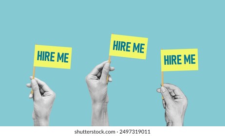 Hire me is shown using the text on three signs. Give me a job, find a job and looking for a job concepts