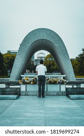 Hiroshima, Hiroshima / Japan - 08.29.2017 - Japanese Man Shows His Respect On The Atomic Bomb Monument Memorial