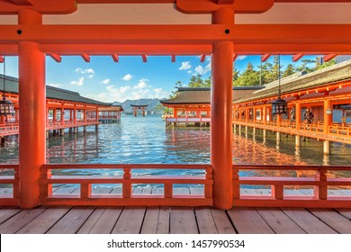HIROSHIMA, JAPAN - DECEMBER 3, 2015: The open air halls of Itsukushima Shrine on Miyajima Island. The shrine is known for the famous floating torii gate.