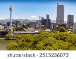 Hiroshima panoramic view. A city view of Hiroshima, from the old Hiroshima Castle, Japan