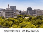 Hiroshima panoramic view. A city view of Hiroshima, from the old Hiroshima Castle, Japan