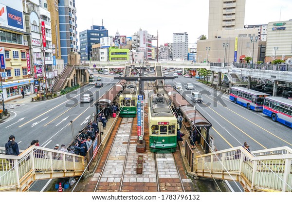 Hiroshima transportation hub of\
Trams station, buses and road, Hiroshima, Japan, December\
2019