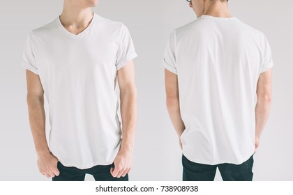 hirt design and people concept - close up of young man in blank white tshirt front and rear isolated. Mock up template for design print - Shutterstock ID 738908938