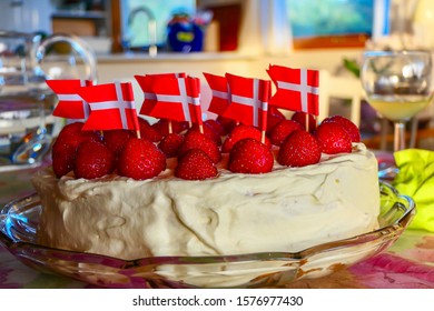 Hirtshals, Denmark A Birthday Cake With Danish Flags.