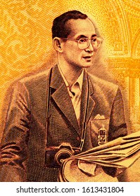 His Majesties King Bhumibol Adulyadej The Great. Portrait From Thailand Banknotes. 