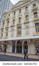 His Majesty's Theatre and people in Perth,Western Australia/Facade of His Majesty's Theatre/PERTH,WA,AUSTRALIA-NOVEMBER 16,2016: His Majesty's Theatre facade and people in Perth, Western Australia