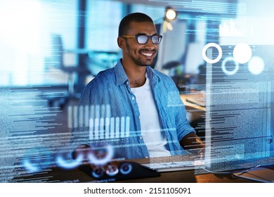 His new program is running smoothly. Shot of a happy computer programmer working on new software at his computer. - Shutterstock ID 2151105091