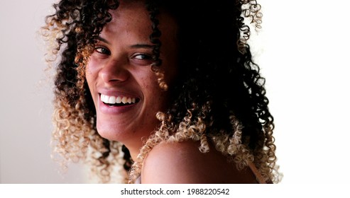 Hispanic Black Woman Portrait Smile Close-up Face, Real Life Laugh And Smile