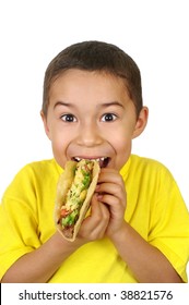 Hispanic Boy Holding A Mexican-style Taco, Isolated On White Background