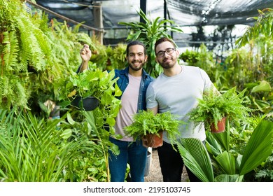 Hispanic And Caucasian Happy Gay Couple While Showing Their New Pots And Plants While Buying At The Nursery Garden