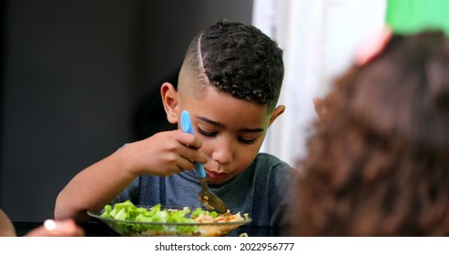 Hispanic Child Eating Lunch. South American Kids Eat Meal Salad