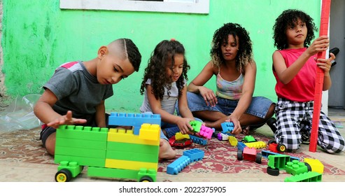 Hispanic Children Playing With Toys Outside. South American Latin People.