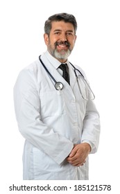 Hispanic Doctor Smiling Isolated Over White Background