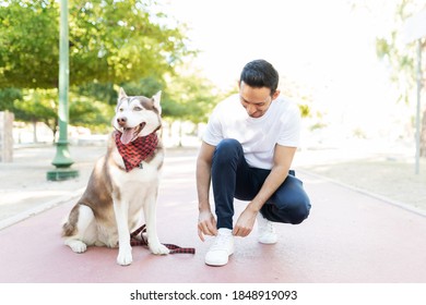 Hispanic Dog Owner Tying His Shoelaces In The Park's Running Track Next To His Sitting Husky Dog