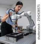 Hispanic engineer woman working on AI technology in robotics electronics engineering laboratory. University students